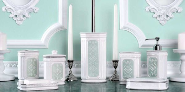 For the interior of the bathroom in a classic style, ceramic accessories with an ornament