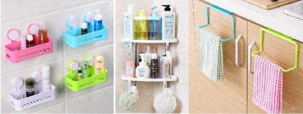 There are inexpensive, although not very elegant plastic baskets, shelves, holders