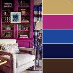 For calm, but not boring interiors: base - beige, additional - blue and dark fuchsia, accent - black and dark brown