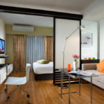 Living room bedroom with separation of zones using sliding screens