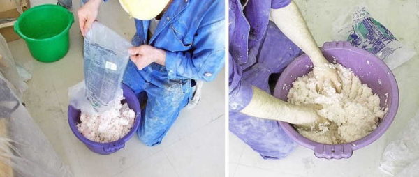 Add water to the dry mixture of liquid wallpaper and mix everything well