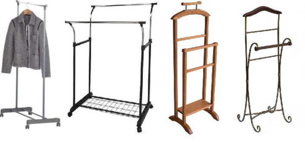 Several types of racks for clothes on trempels