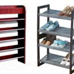 Shoe shelves made of chipboard and metal of medium height