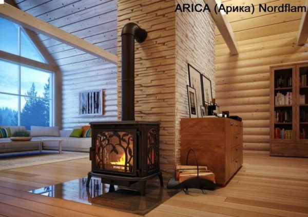 Fireproof material is placed on the wooden floor (in the photo, an example of installing the Arika fireplace stove)