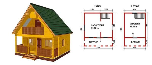 Country house 6 * 6 with a veranda and an attic