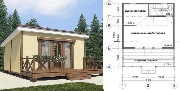 Project of a country house with a bathroom and an open terrace under a pitched roof