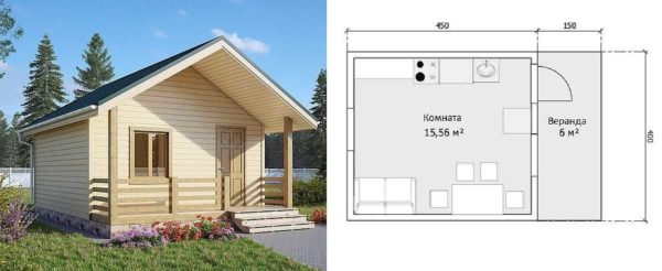 Project of a small country house with a veranda under a common roof