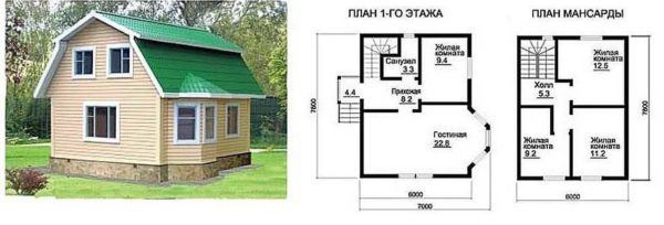House project for dacha 7 * 7 with an attic under a broken roof and a bay window