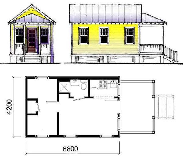 Layout of a country house 6 * 4 with a kitchen, a toilet, a summer veranda and a winter entrance with a vestibule