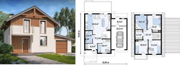 Project of a two-storey country house with a garage attached to the side