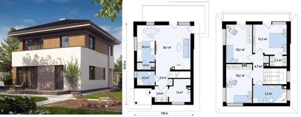 Cottage project with a balcony along the perimeter of the second floor