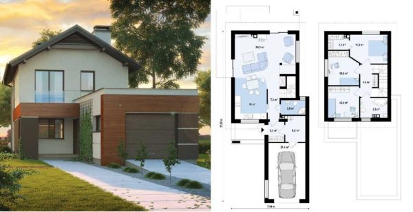 The project of a small two-storey house for a summer residence with an attached garage: living area 100 sq. m, garage for one car