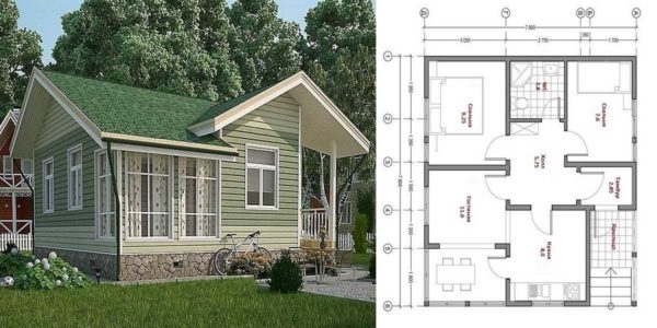Country house with a buried winter veranda 8 * 8 meters, a project with a layout