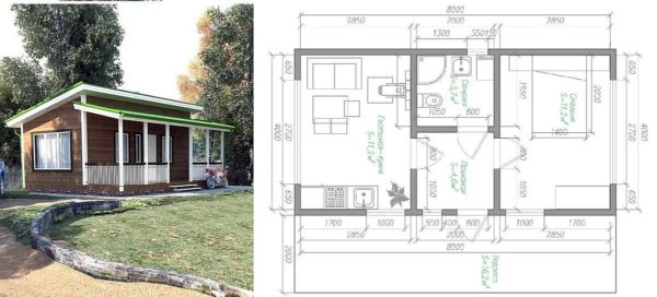 Country house plan 4 * 8 with an attached veranda