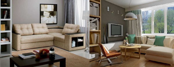 A corner sofa in a small living room does not look massive at all