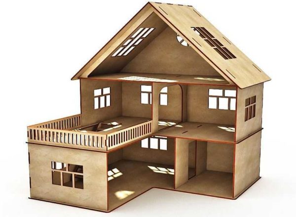 Two-story doll house with a garage and a track above it