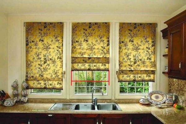 A tight roman shade should cover the glass and be slightly wider