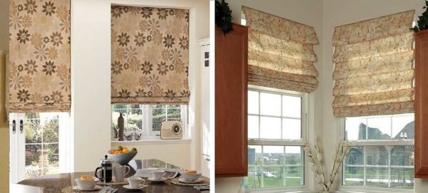 Roman shades are of two types: classic (left) and cascading (right). Differ in the presence / absence of folds in the open state