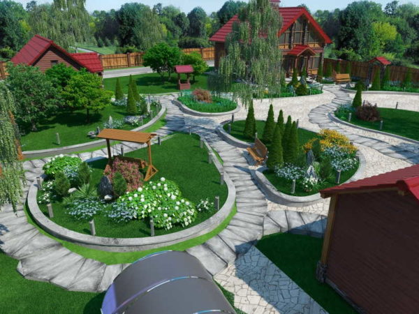 This design of the courtyard of the house was made in the program: 3D version