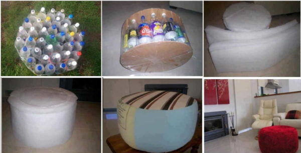 Making an ottoman out of plastic bottles