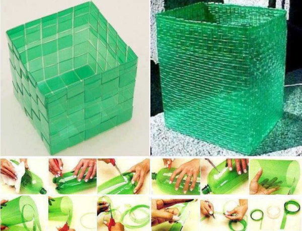 Laundry baskets from strips: weaving from plastic bottles