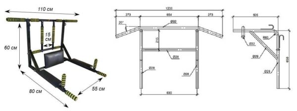 Two wall horizontal bar schemes for different grip. Different sizes, similar designs