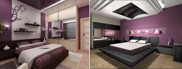 Accent purple wall in the bedroom. Reception is one, but due to the different accompanying colors, the mood of the interior is different
