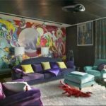 Pop art and purple in several shades as complementary colors (combined with yellow and turquoise)