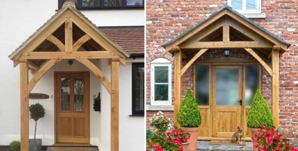 Wooden canopy over the entrance in the form of a house - options with support posts under the tiles