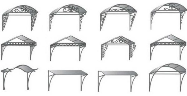A canopy over the porch on a metal frame: single-pitch, gable (house), arched models