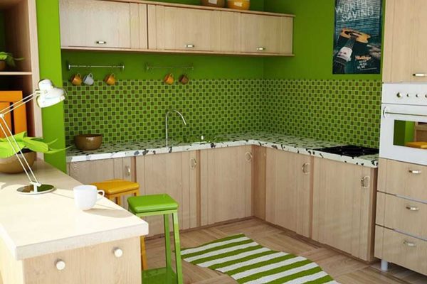  Brown kitchen facade and green wall, accessories in a different shade