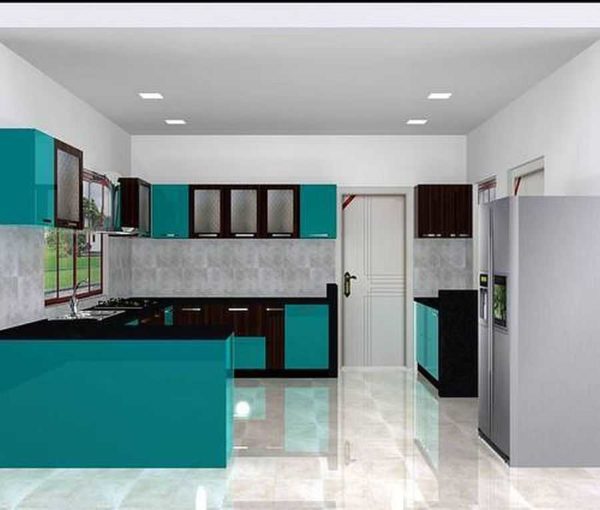 The unusual color is highlighted with black. Patterned glass on cabinets makes furniture less massive