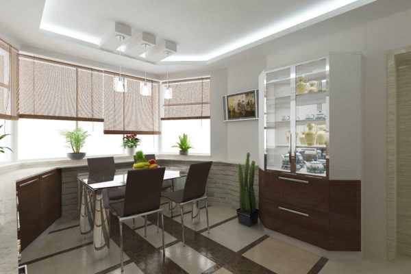 Hanging horizontal blinds on the windows of a bay window in the kitchen is convenient and functional