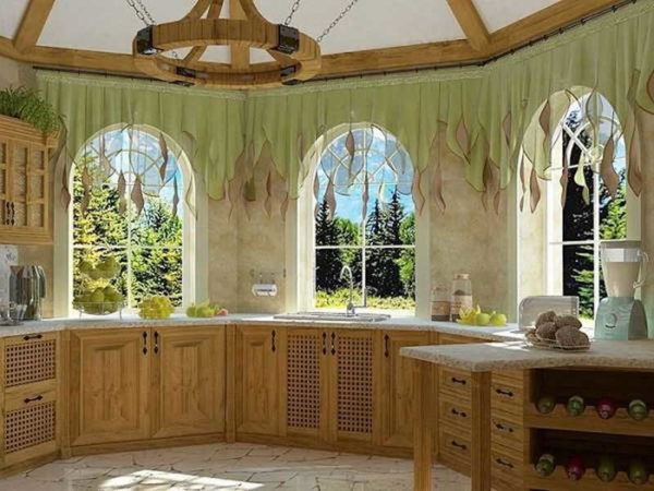 A bar counter in a triangular bay window smoothes the angle and adds functionality