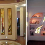 Stained-glass windows are embedded in plasterboard walls