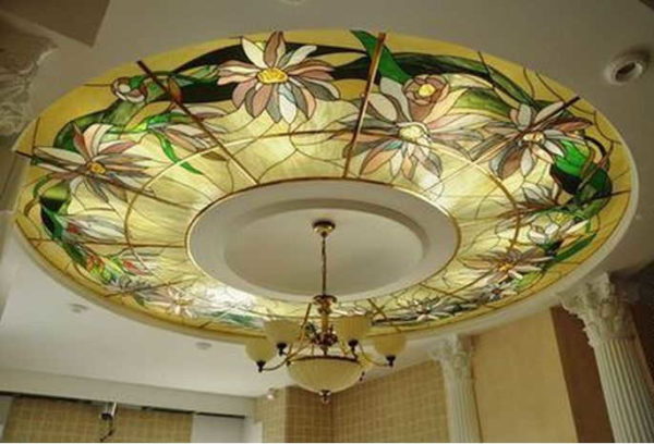Round ceiling stained glass window with lighting