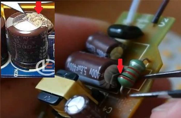 There may be burnt resistances and leaking / swollen capacitors