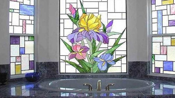 Stained glass films are glued to glass