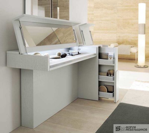 Make-up table transformer with roll-out shelf