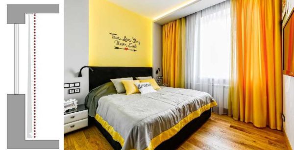 It is necessary to place the curtain rod on the ceiling so that they hang freely, without touching the windowsill and heating radiators