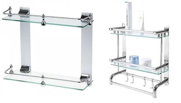 There are shelves with the ability to hang a towel