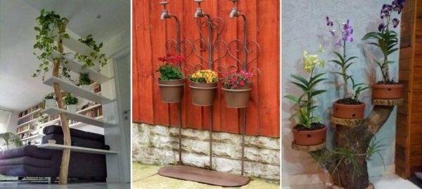 A tree trunk and water pipes can also be the basis for a floor stand for flowers