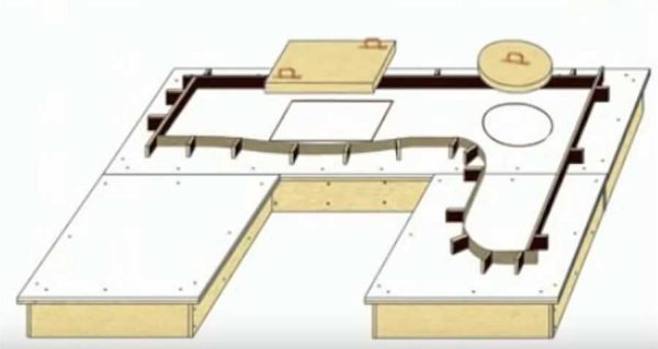 We frame the cut out workpiece with sides, close the holes for the hob and sink with technological plugs