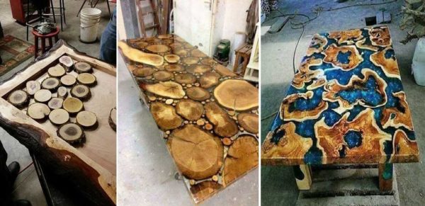 You can make a table from wood cuts and epoxy resin in different forms