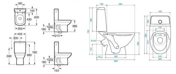 Dimensions of floor-standing toilets with a solid-cast shelf