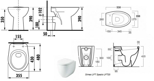Dimensions of floor-mounted toilets without cisterns