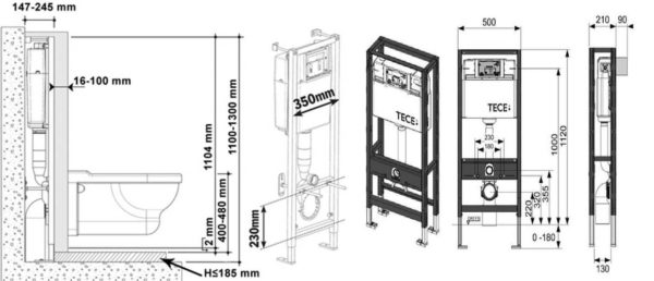 Installation depth for a toilet bowl - no more than 250 mm