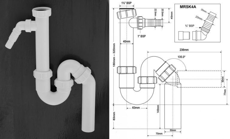 Siphon for McAlpine (Great Britain) sinks with outlet for household appliances, 40 mm (MRSK6). Model MRSK4A is equipped with a corner bend